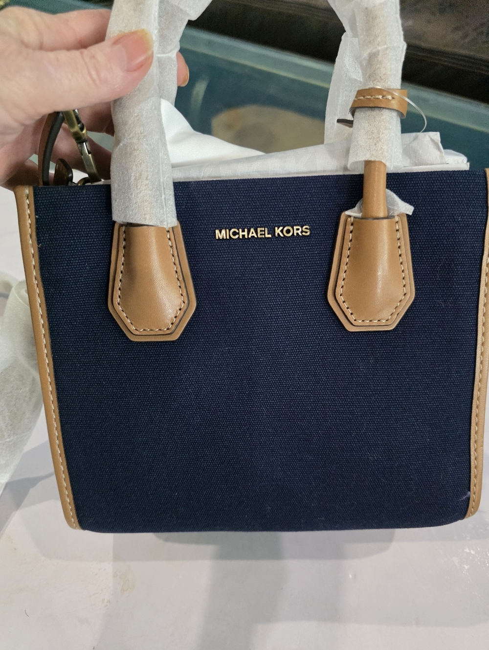 New Michael Kors Navy Canvas Satchel with Tan Leather Trim